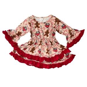 Toddler Girls 3T Gingerbread Christmas Dress, Red Ruffle, Flare Sleeve Holiday